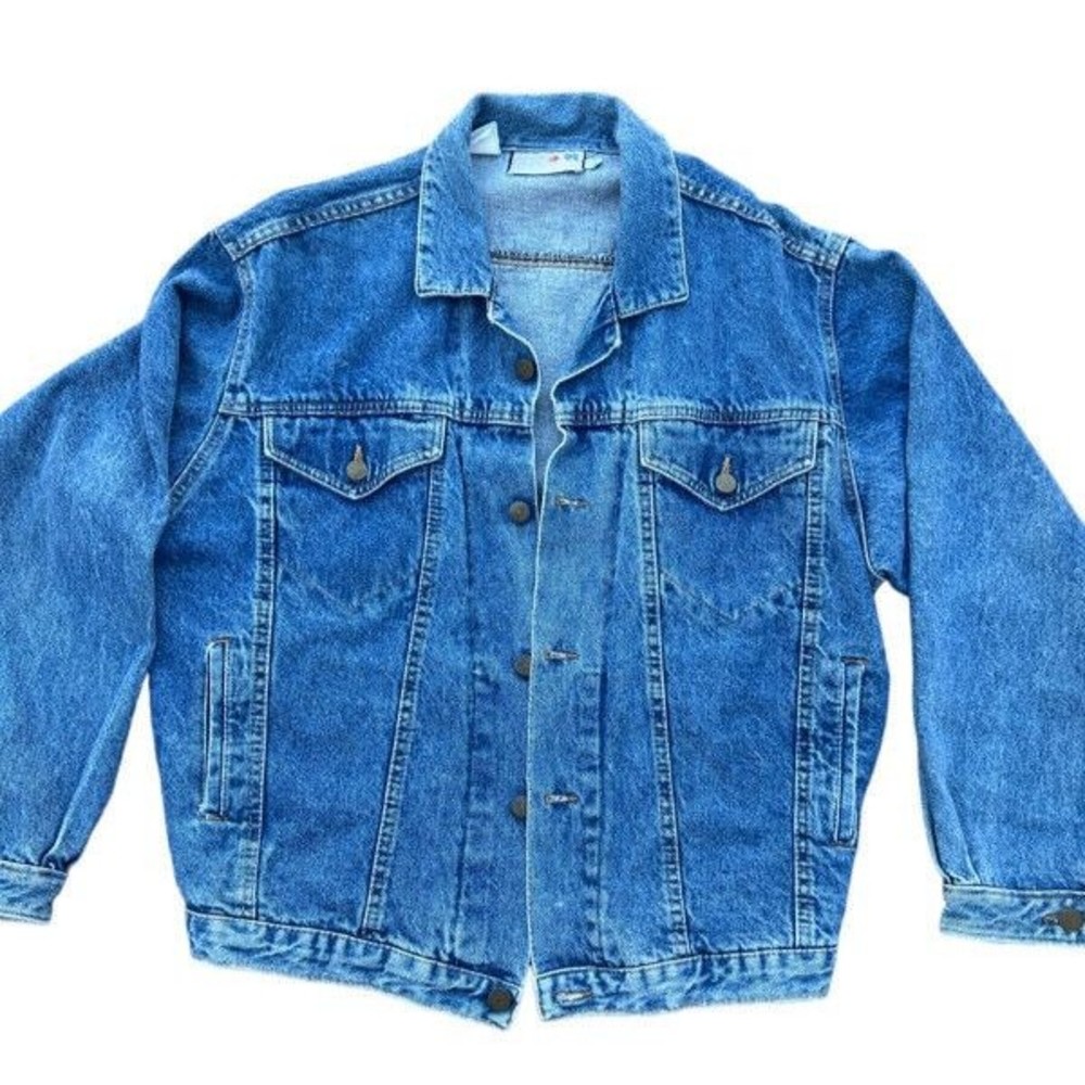 Vintage 80s French Navy Long Sleeve Corduroy Accents Distressed  Denim Jacket M